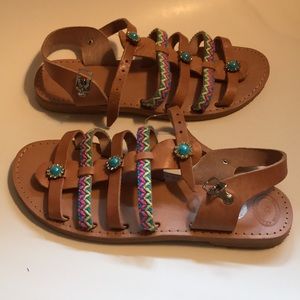 Greek Made Leather Sandals - flat - turquoise